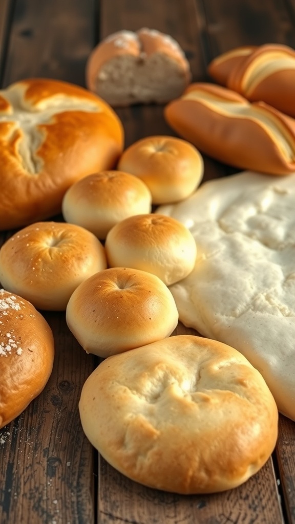 Simple Recipes Using Active Dry Yeast Freshly baked bread, soft dinner rolls, and pizza dough on a wooden table.